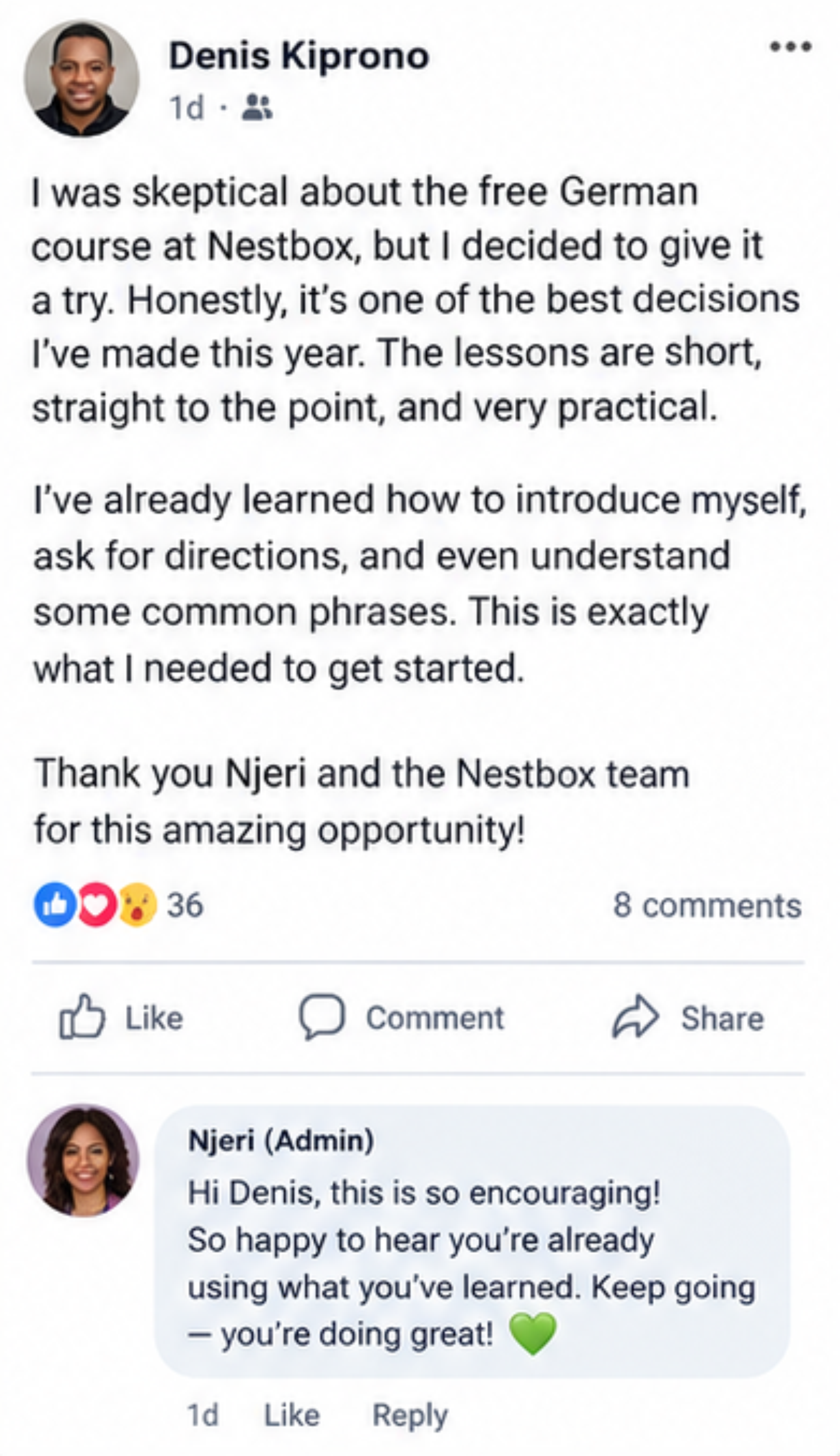 Learner testimonial screenshot