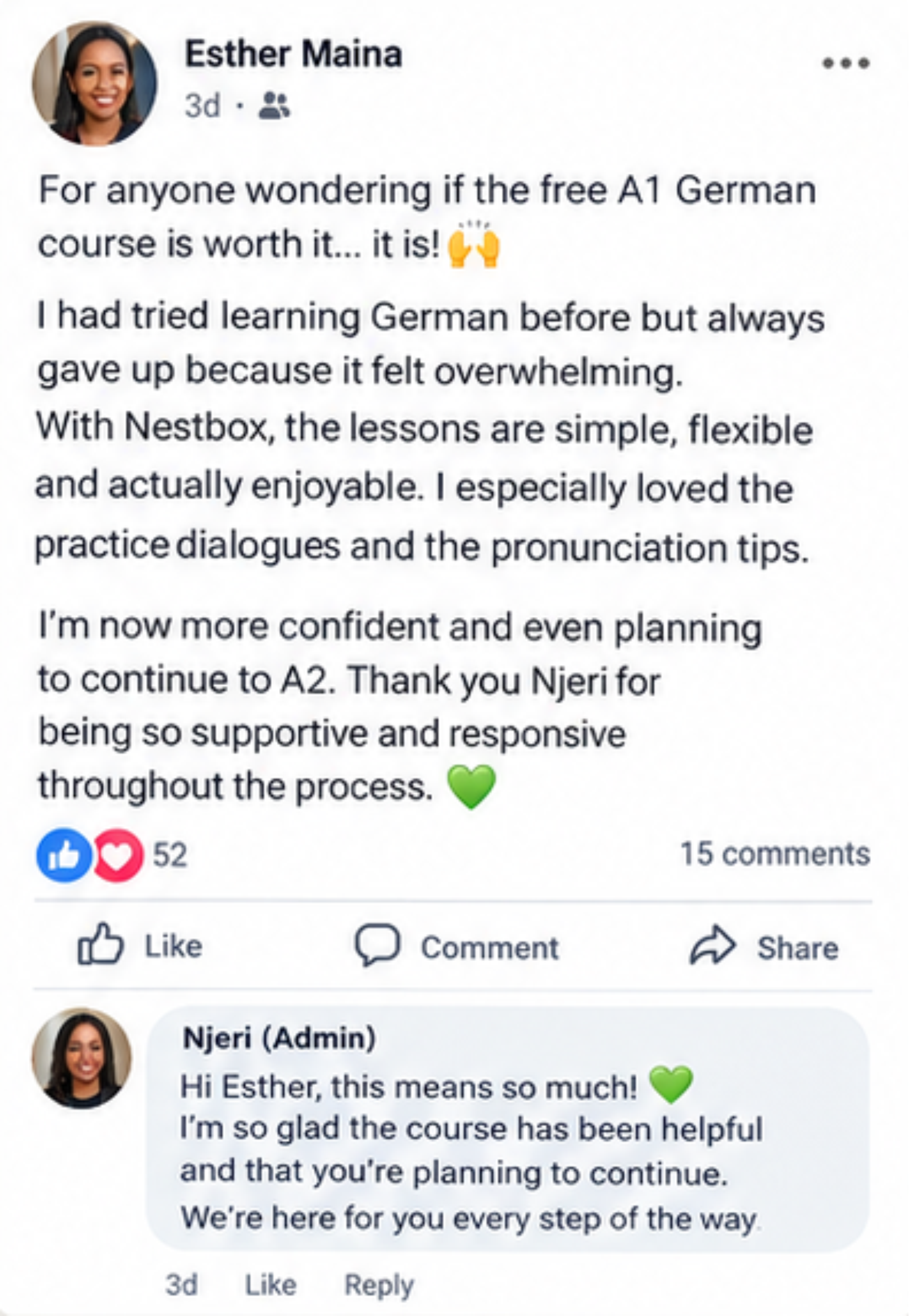 Learner testimonial screenshot