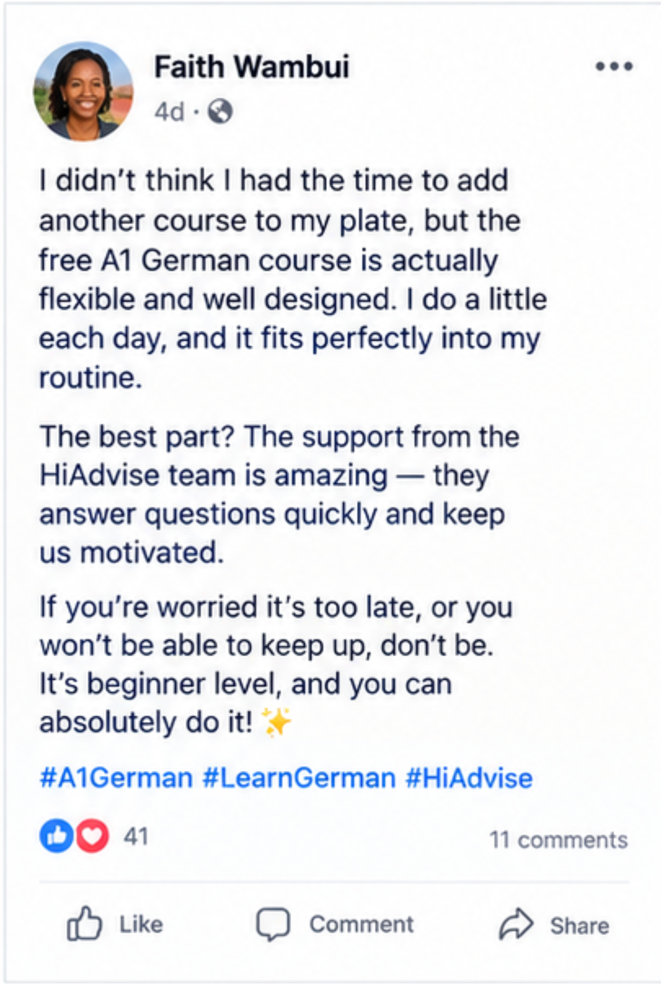 Learner testimonial screenshot