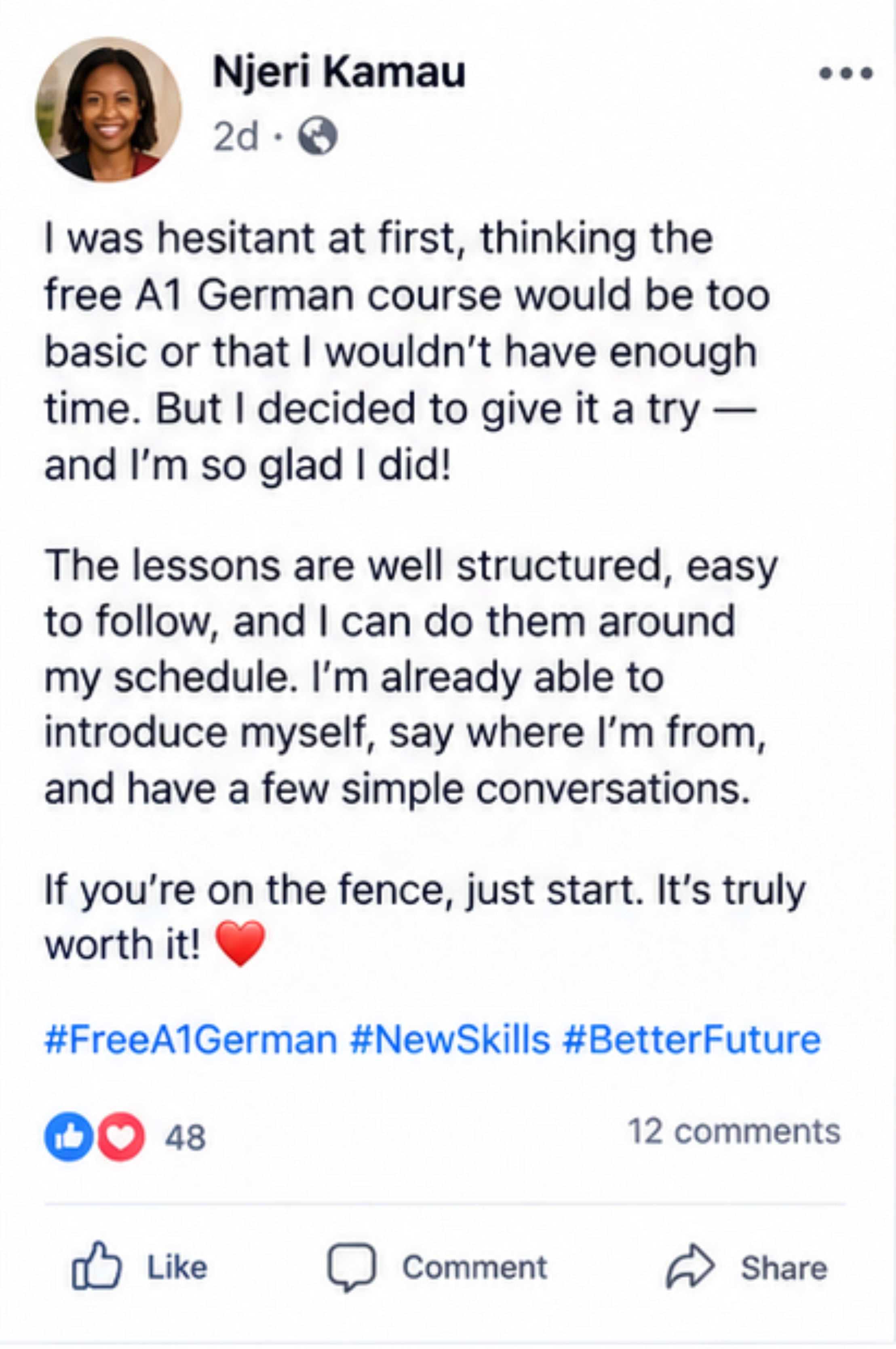 Learner testimonial screenshot