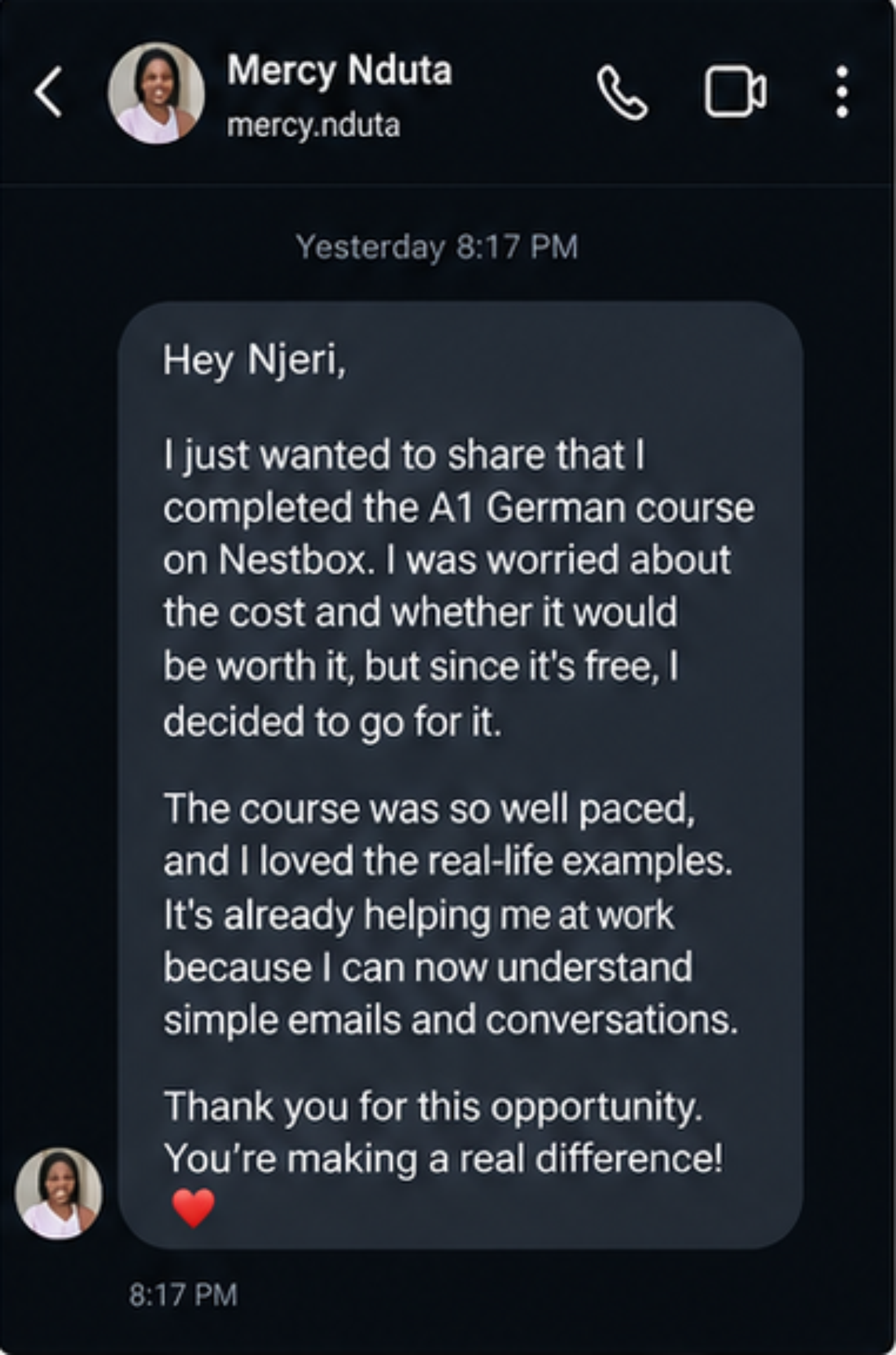Learner testimonial screenshot