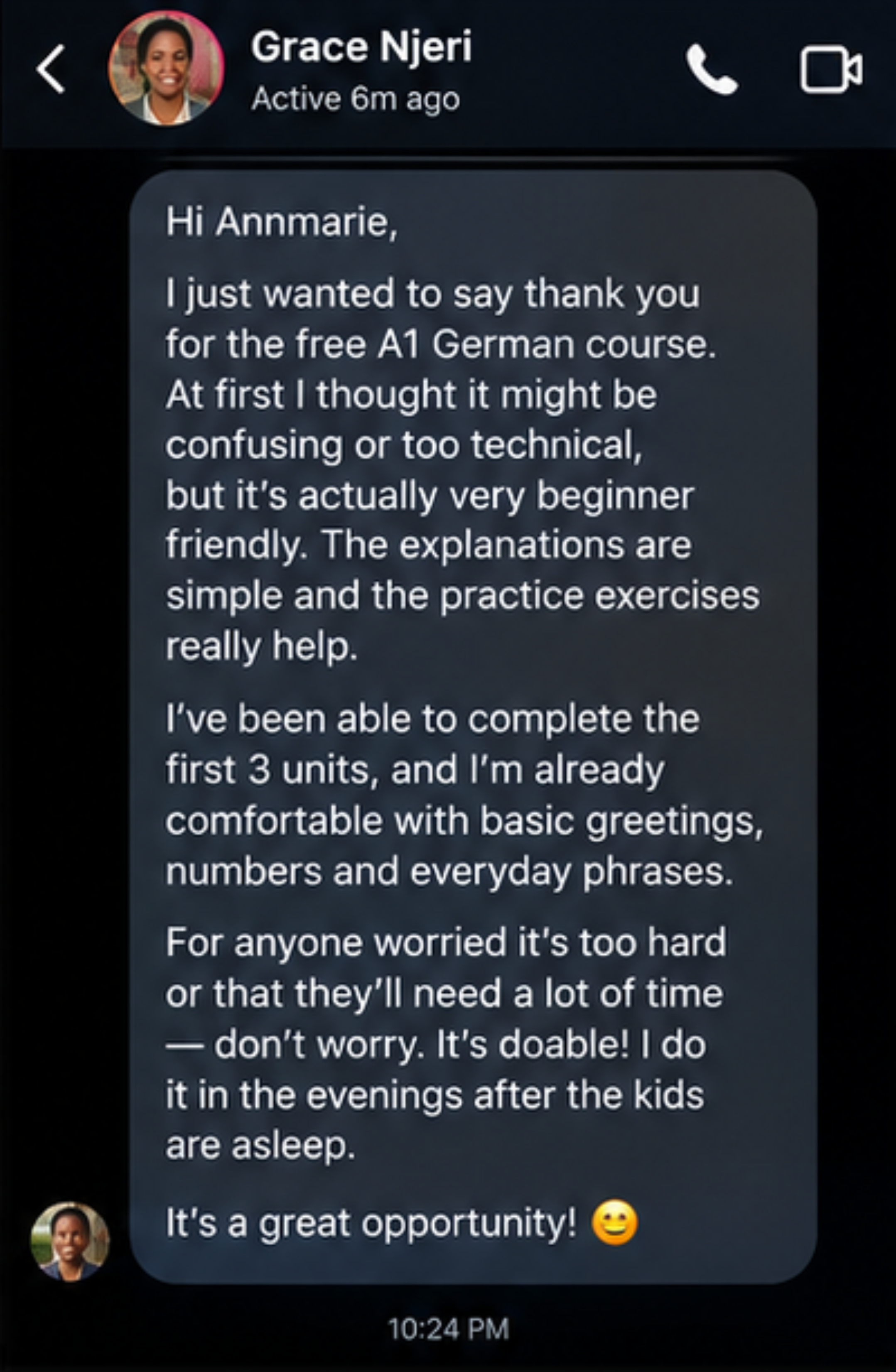 Learner testimonial screenshot