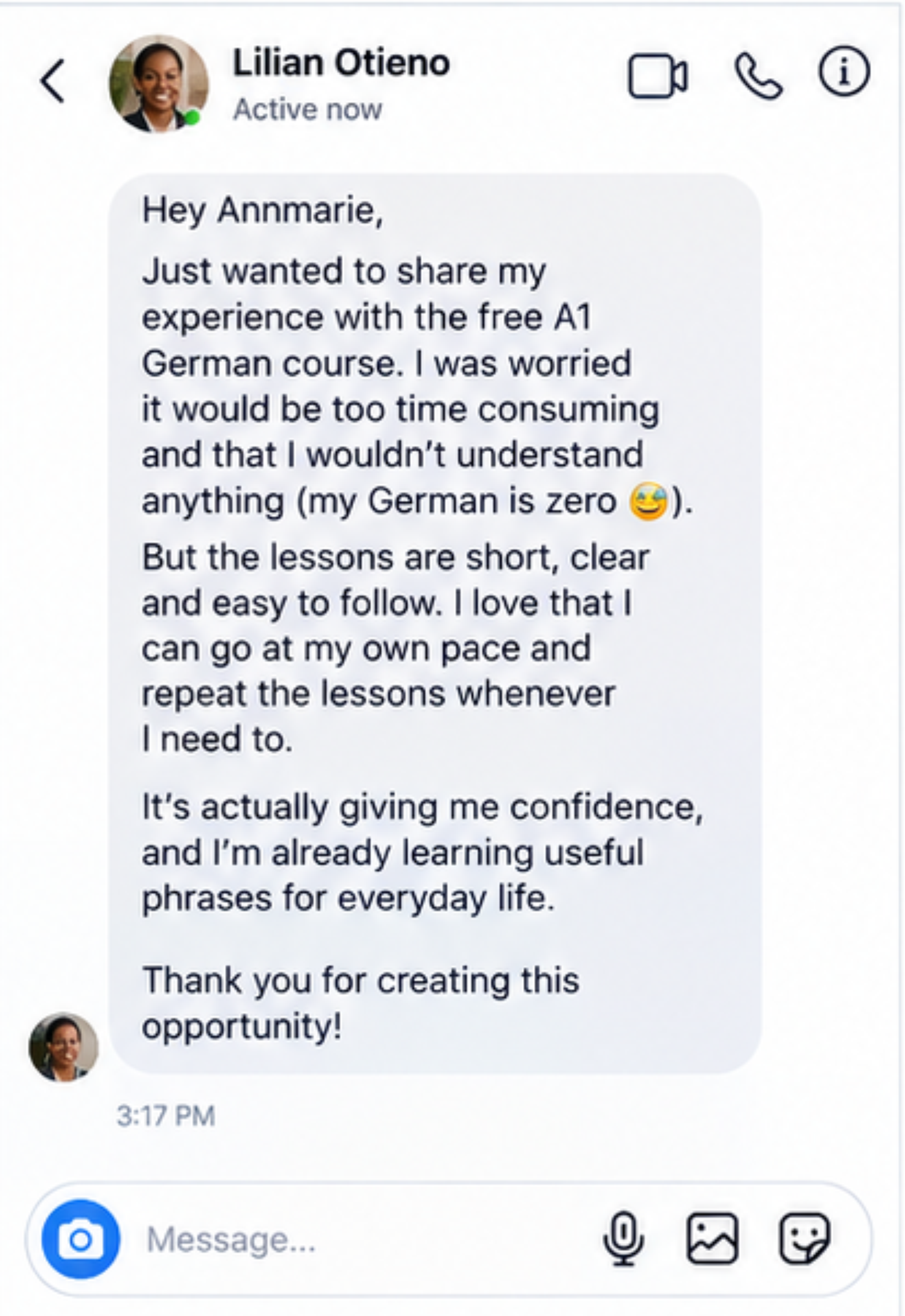 Learner testimonial screenshot