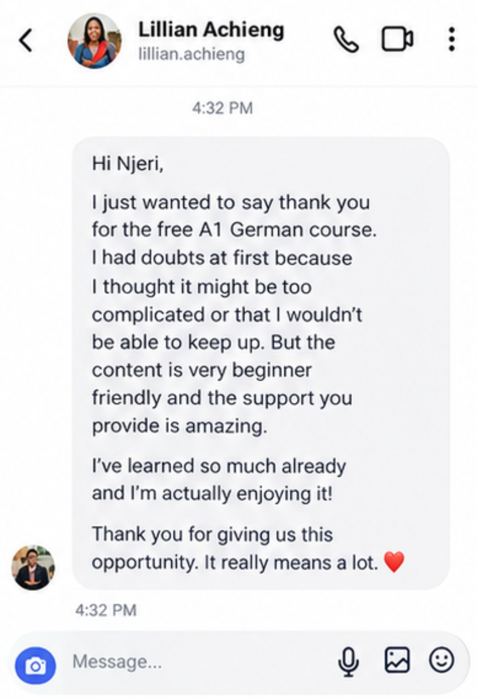 Learner testimonial screenshot